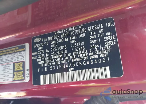 2019 Kia Sorento 3.3L Ex from USA, damaged, VIN 5XYPH4A50KG464007